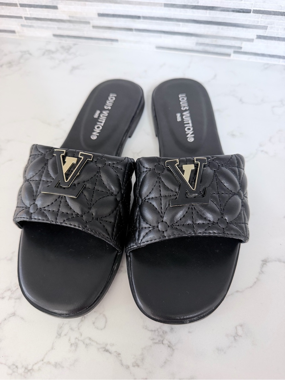 Black Quilted Slide Sandals size 8